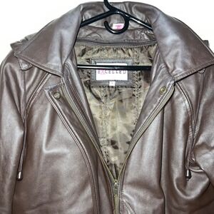 EXCELLED Women's Brown Leather Hooded Jacket Size S Midlength Insulated